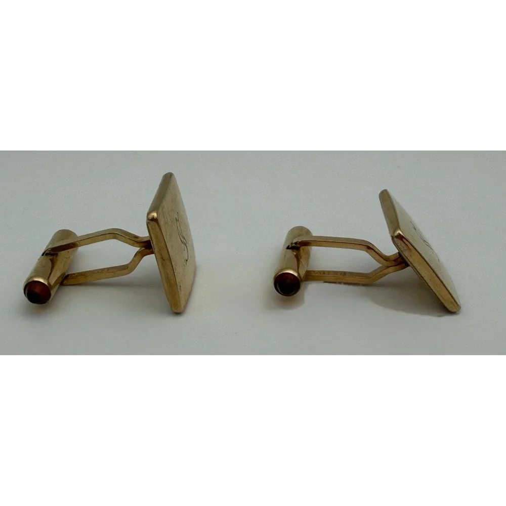 Krementz Vintage Gold Tone Monogram S Square Cufflinks Amber Cabochon Accents